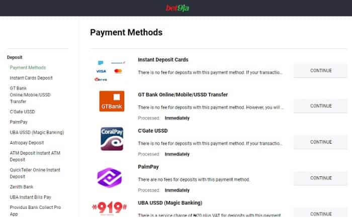 Bet9ja Payment Methods