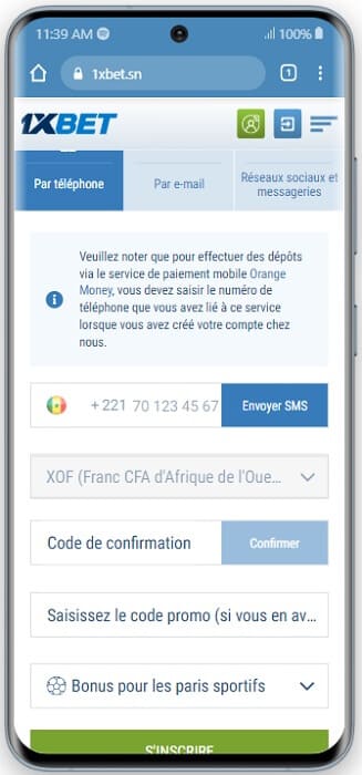 1xBet mobile inscription