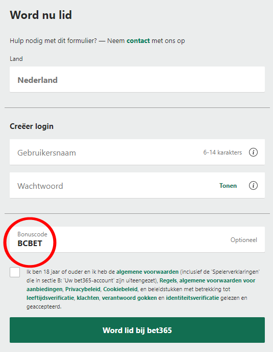 bet365 bonuscode "BCBET" bij registratie