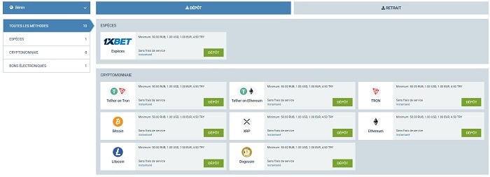 Dépôt sur 1xBet
