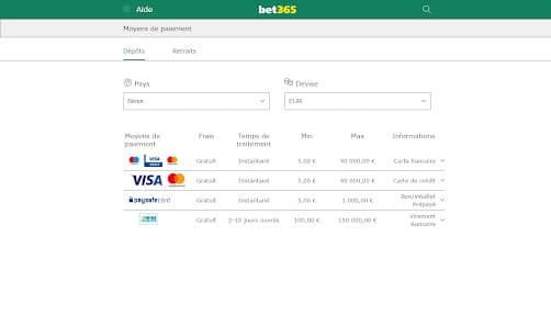 Retraits et Dépôts sur bet365