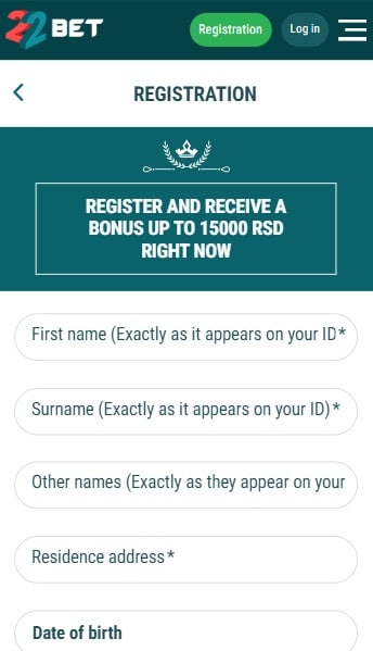 22bet Registration on Mobile
