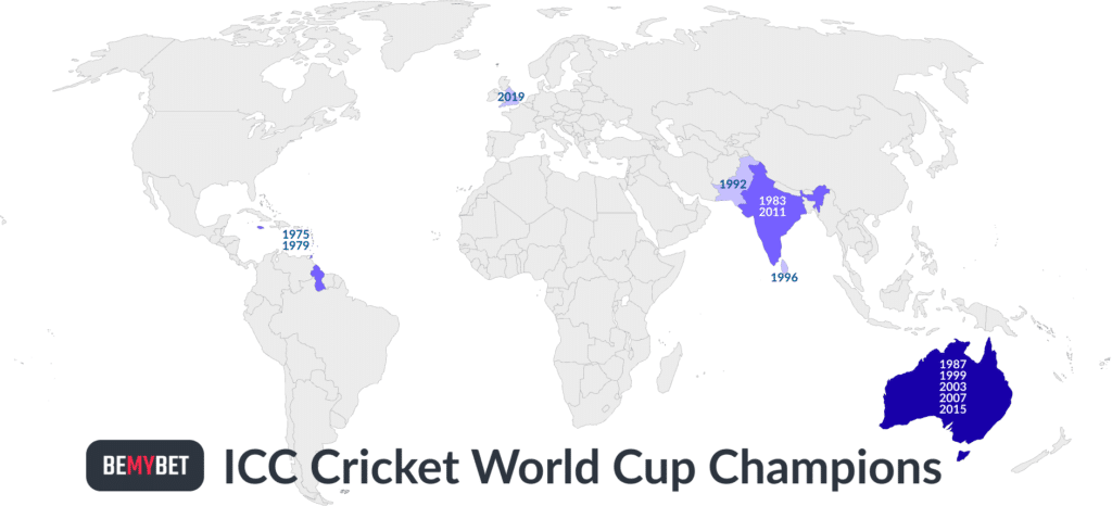 Map showing all the previous Cricket World Cup Champions