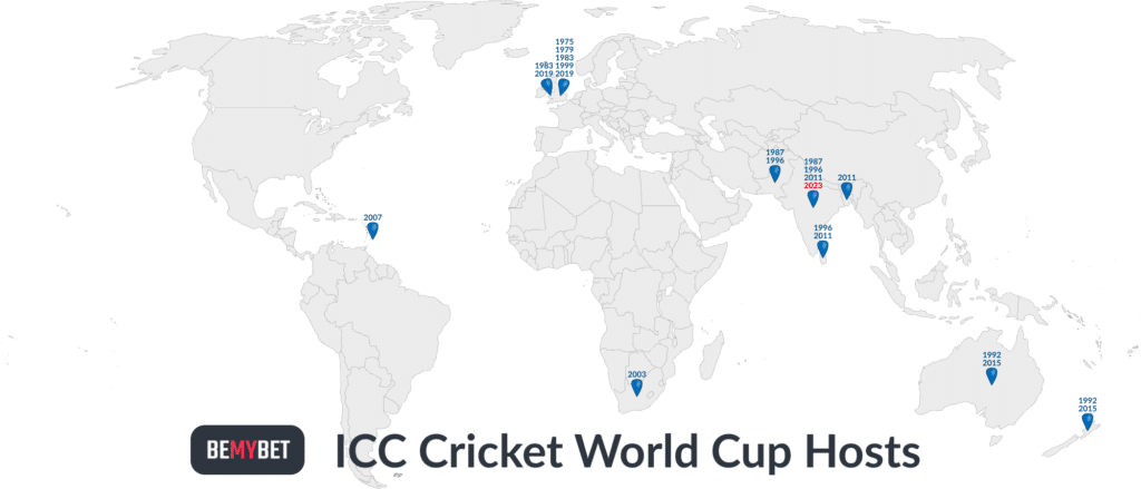 World Map showing the ICC World Cup hosts through history and the years which they hosted the tournaments.