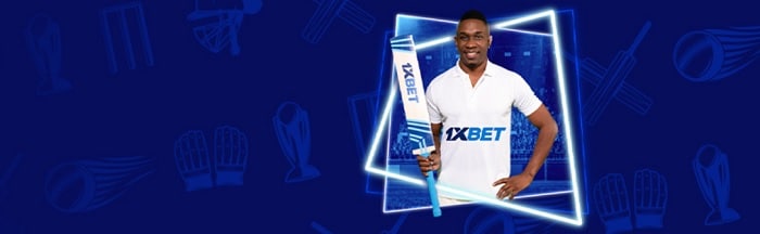Banner showing a cricket player in 1xBet merchandise.