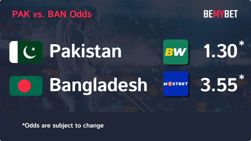 Banner displaying the Cricket World Cup match odds between PAK and BD, with the betting sites in Bangladesh offering the highest odds for the match.