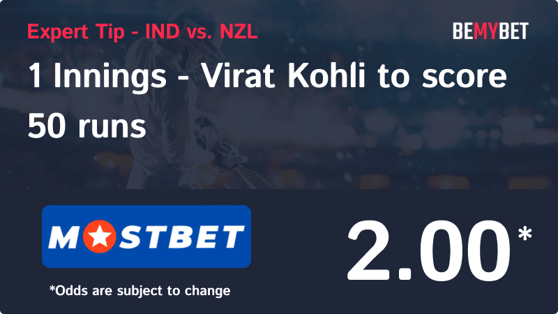 Banner showing the IN vs. NZ betting tip for the Cricket World Cup semi-final.