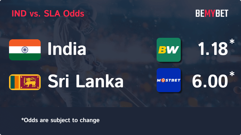 Banner displaying the Cricket World Cup match odds between India and Sri Lanka, with the betting sites in Bangladesh offering the highest odds for the match.